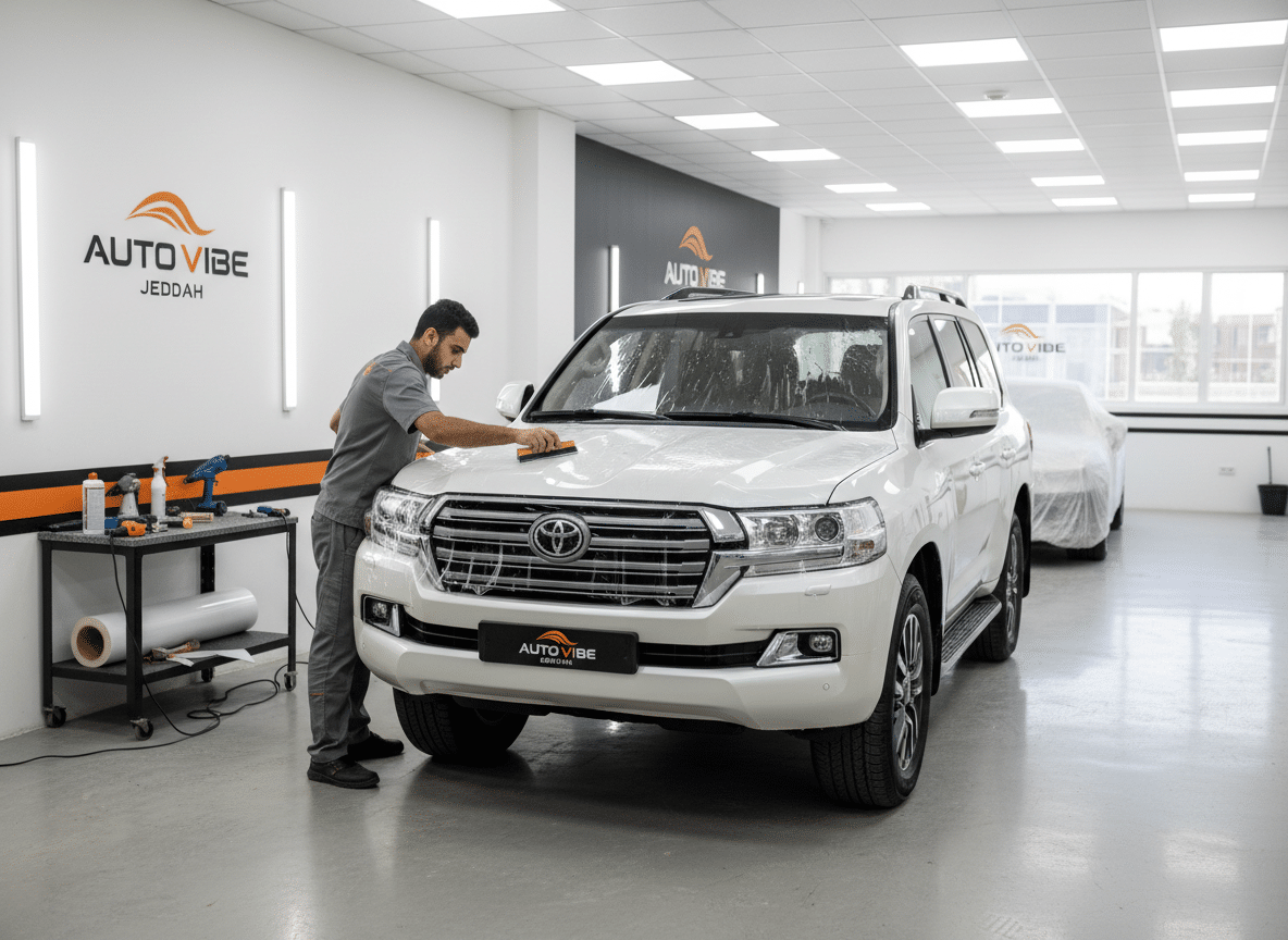 تركيب فيلم PPF شفاف على تويوتا لاندكروزر بيضاء داخل مركز autovibe في جدة