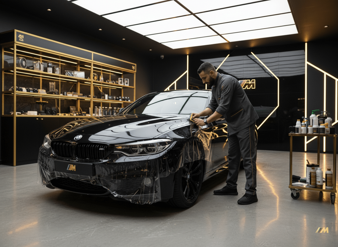 سيارة BMW سوداء فاخرة يتم تركيب PPF شفاف عليها داخل مركز autovibe في جدة