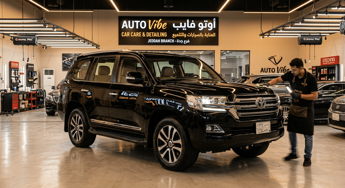 سيارة فاخرة لامعة بعد خدمة تفصيل سيارات داخل مركز autovibe في جدة
