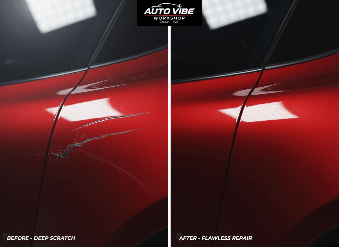 صورة قبل وبعد إزالة خدوش واضحة من باب سيارة حمراء داخل مركز autovibe في جدة