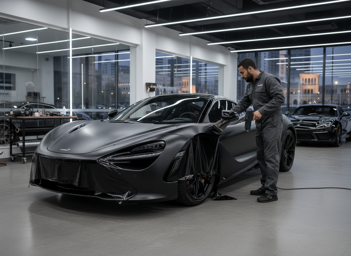 سيارة فاخرة يتم تغليفها بفينيل ماتي رمادي داخل مركز autovibe في جدة