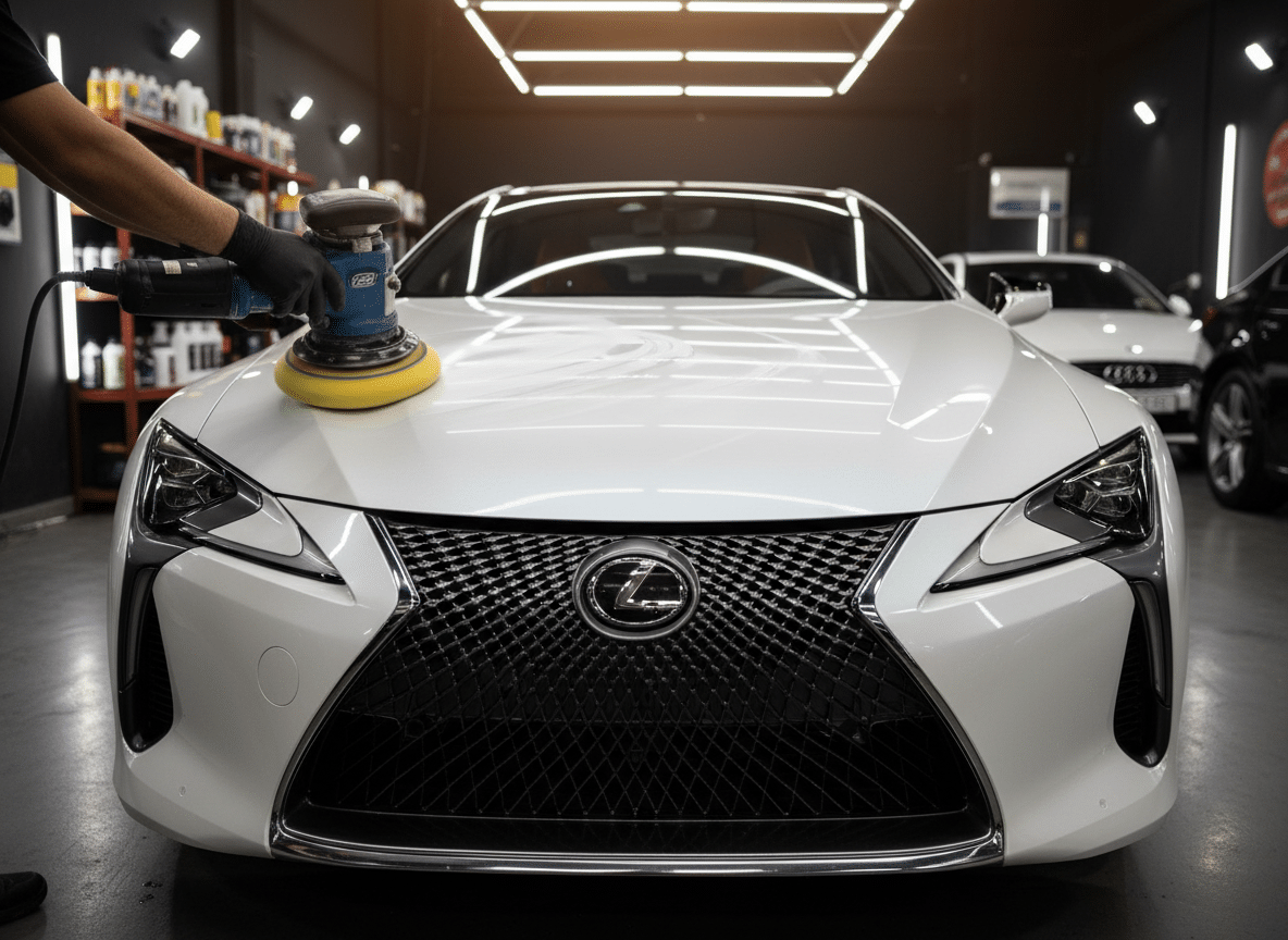 فني يستخدم جهاز تلميع احترافي على سيارة بيضاء داخل مركز autovibe في جدة