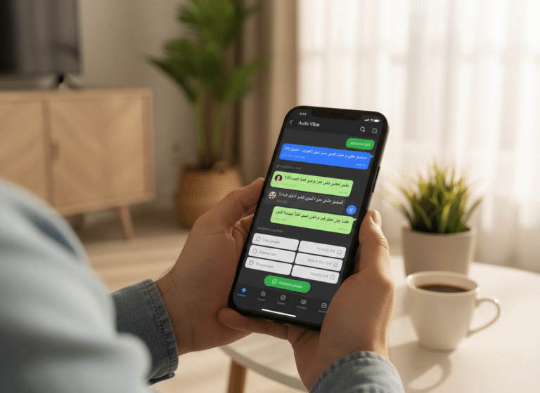 هاتف يعرض محادثة واتساب لحجز موعد تفصيل سيارة مع autovibe في جدة