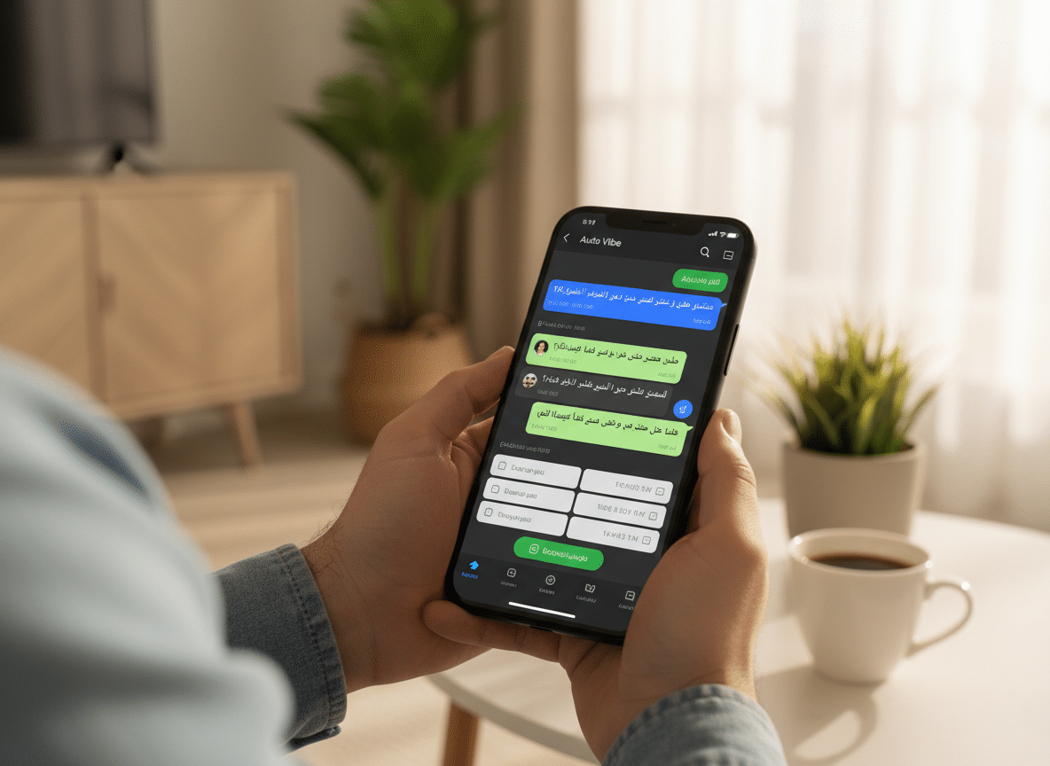 هاتف يعرض محادثة واتساب لحجز موعد تفصيل سيارة مع autovibe في جدة