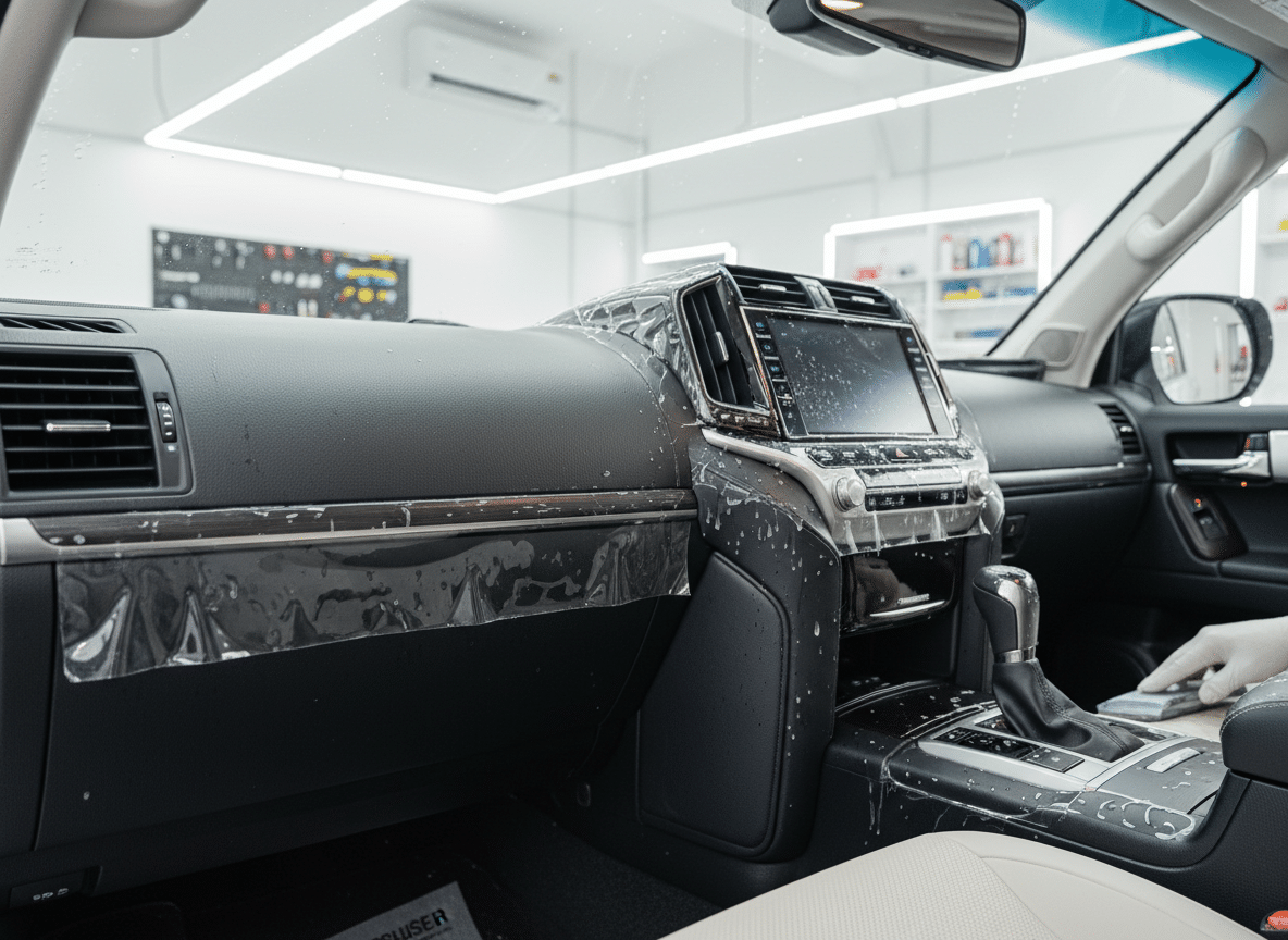 تركيب فيلم PPF داخلي شفاف على عتبة باب وكونسول سيارة فاخرة داخل مركز autovibe في جدة