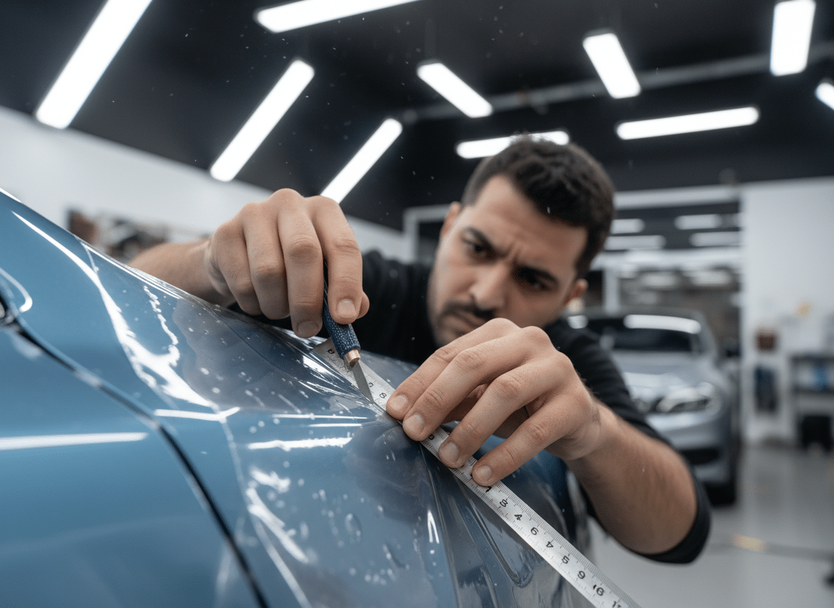 فني متخصص يقطع فيلم PPF يدويًا بدقة على باب سيارة داخل مركز autovibe في جدة