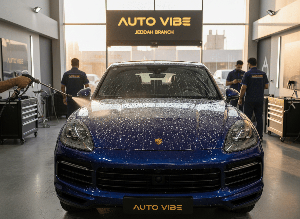 سيارة فاخرة لامعة عليها قطرات ماء بعد تطبيق سيراميك كوت داخل مركز autovibe في جدة