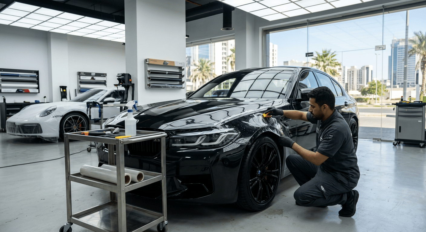 فني متخصص يركب فيلم حماية الطلاء PPF على سيارة فاخرة داخل مركز autovibe في جدة