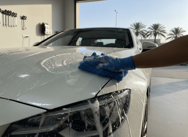 غسيل لطيف لسيارة مركب عليها PPF باستخدام فوطة مايكروفايبر داخل مركز autovibe في جدة