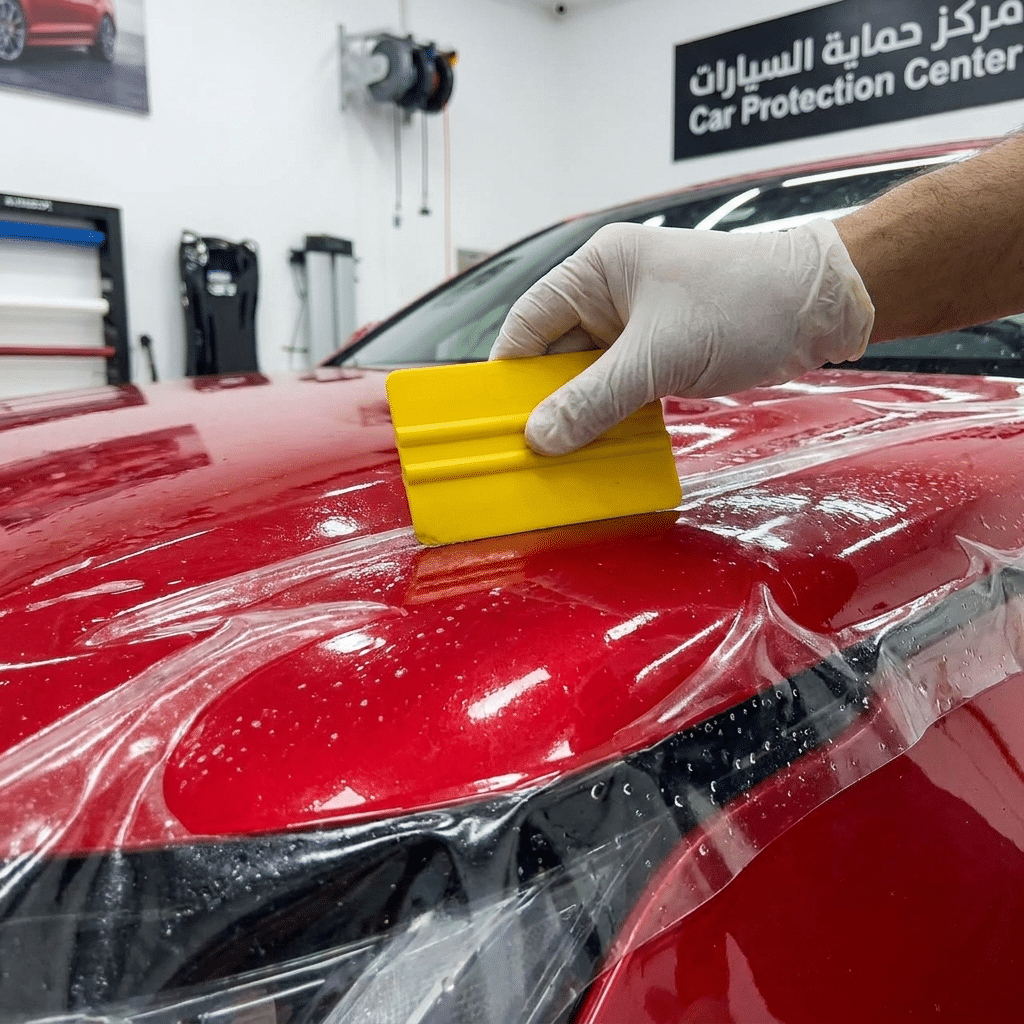 فني يركب فيلم حماية الطلاء PPF الشفاف على مقدمة سيارة داخل مركز autovibe في جدة