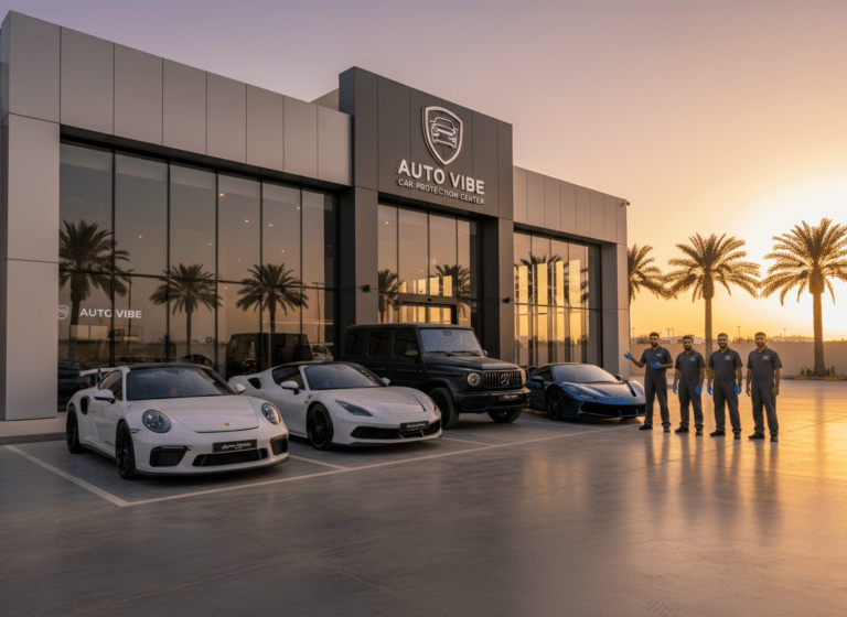 واجهة مركز autovibe في جدة مع سيارات فاخرة داخل منطقة العناية والحماية