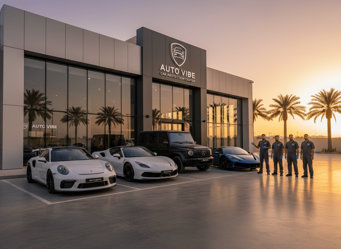 واجهة مركز autovibe في جدة مع سيارات فاخرة داخل منطقة العناية والحماية