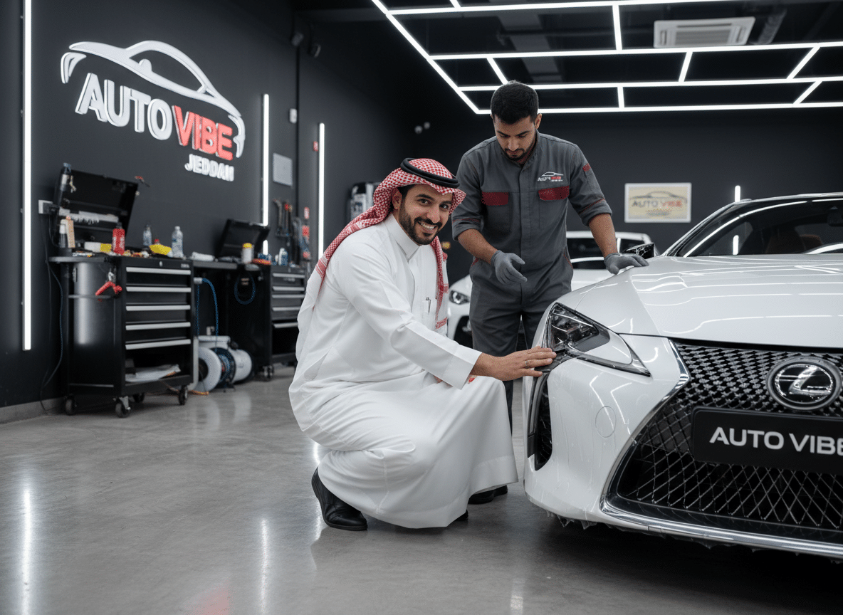 عميل يستلم سيارته بعد تركيب PPF داخل مركز autovibe في جدة مع فني يشرح تفاصيل الحماية